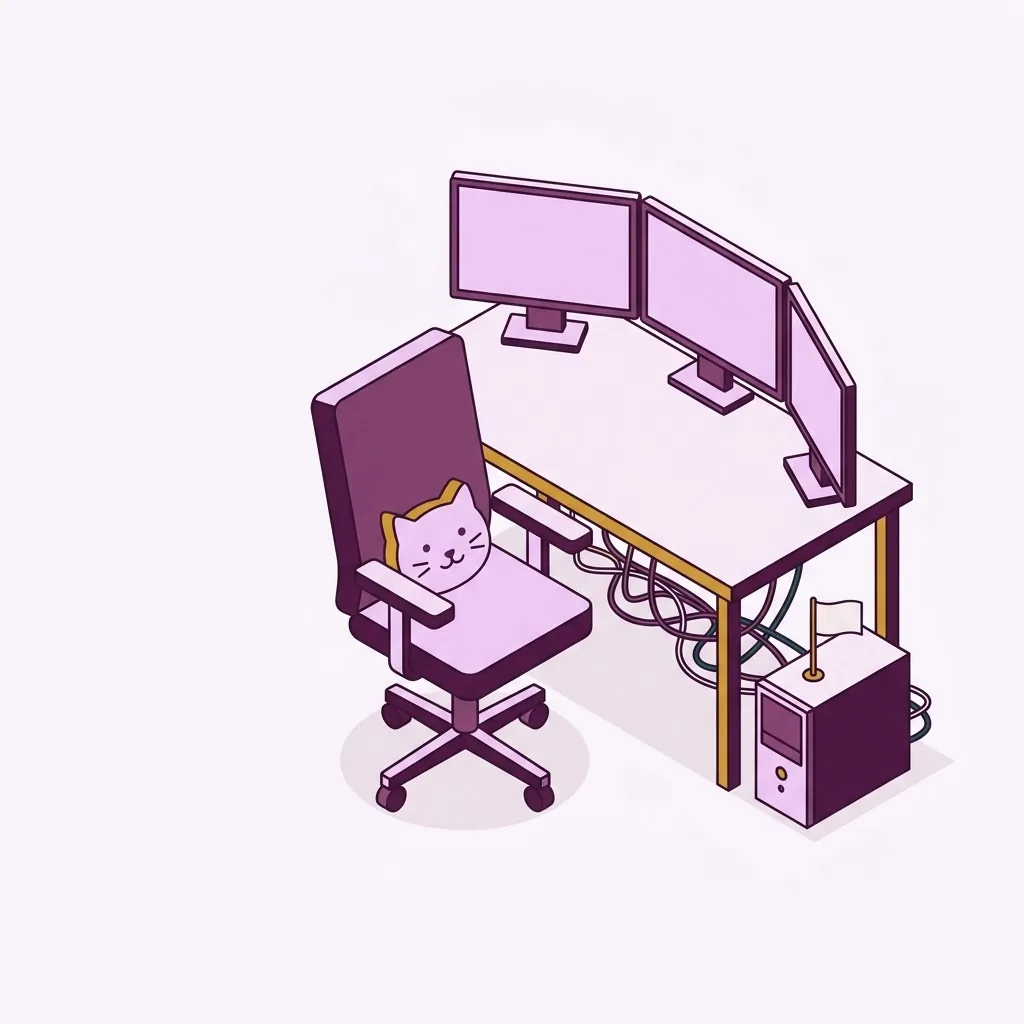 Isometric illustration of an empty desk with three blank monitors, a small computer on the floor and a cat-shaped cushion on the chair.